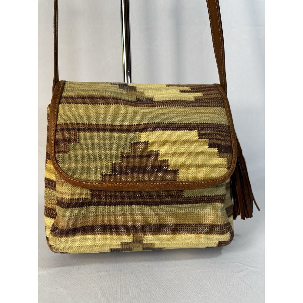 VTG Kilim Style Tapestry Crossbody Bag Boho Southwestern Tribal Leather Tassel